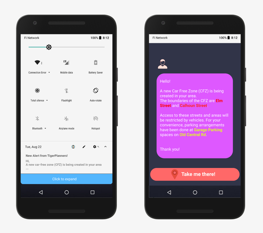 Two mobile screens showing the notification and message respectively