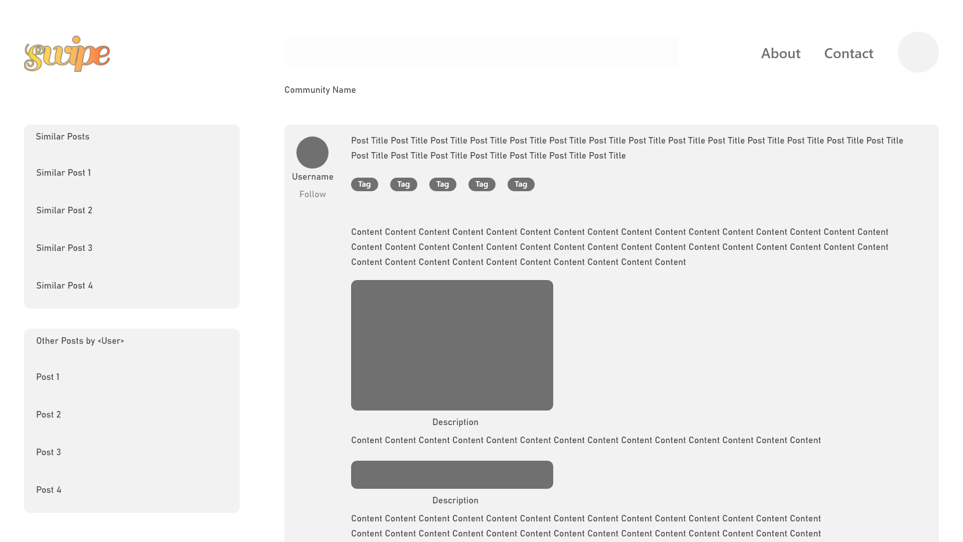 Wireframe of the Posts component of Swipe